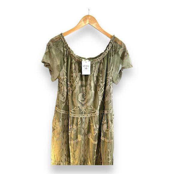 RURAL MERCANTILE Olive  to Taupe Scoop Neck Stretch Lace Boho Maxi Dress LG NWT - Picture 10 of 13